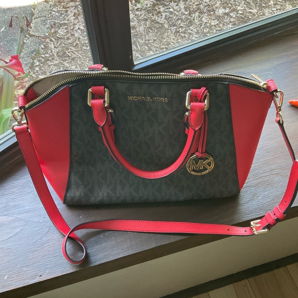 Michael Kors Red Leather & Brown MK Logo Satchel. Excellent Condition - Picture 2 of 3